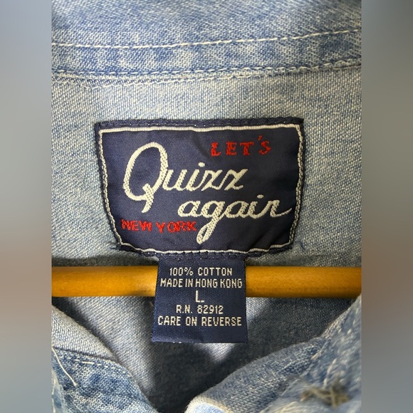 Vintage Let’s Quizz Again Denim Shirt Embroidered Christmas Cat Large - Picture 4 of 6